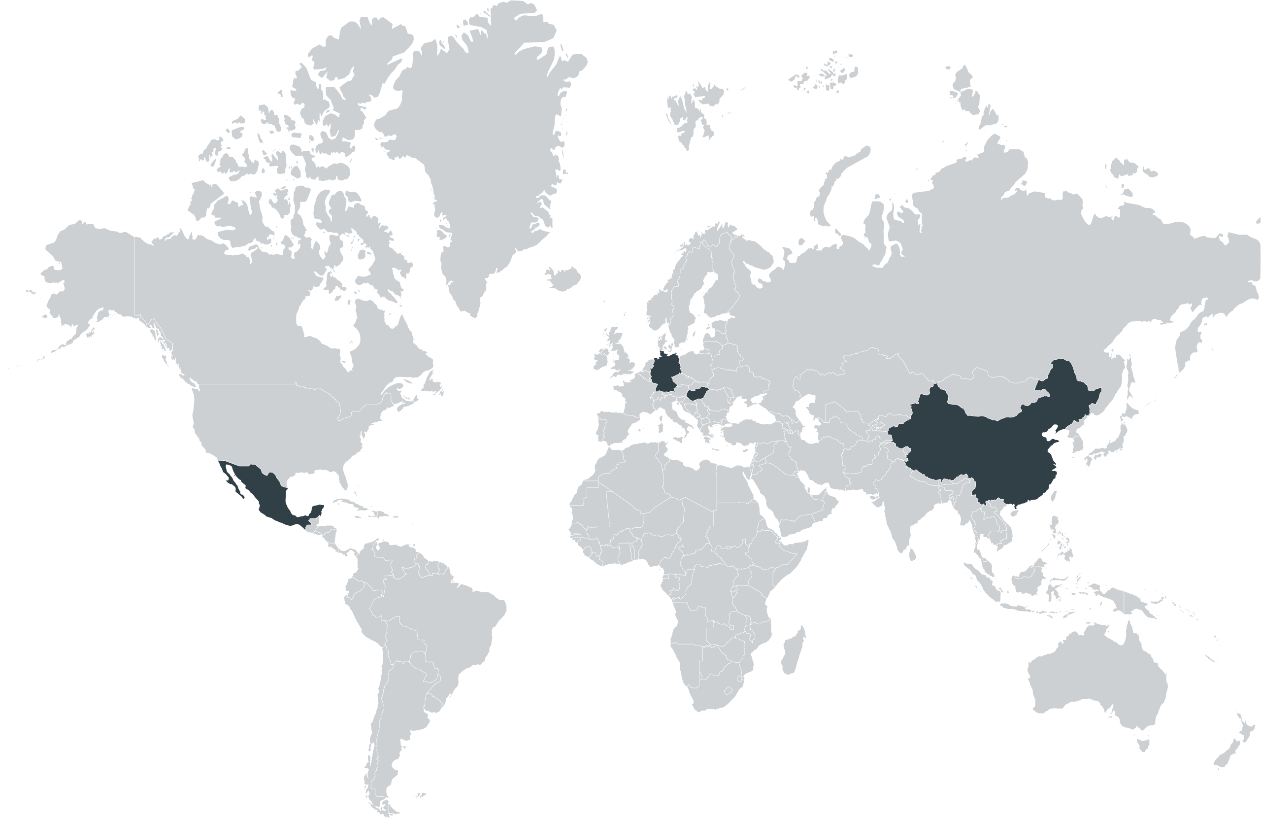 Grafische Übersicht der GEFASOFT Standorte in Deutschland, Mexiko, Ungarn und China